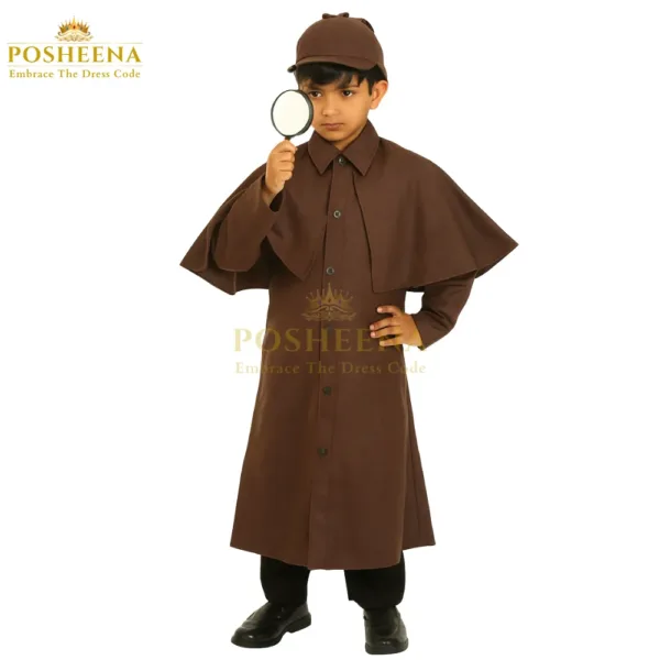 sherlock holmes kids costume set in brown with coat and deerstalker cap, a young boy detective holding a magnifying glass, available at Posheena.
