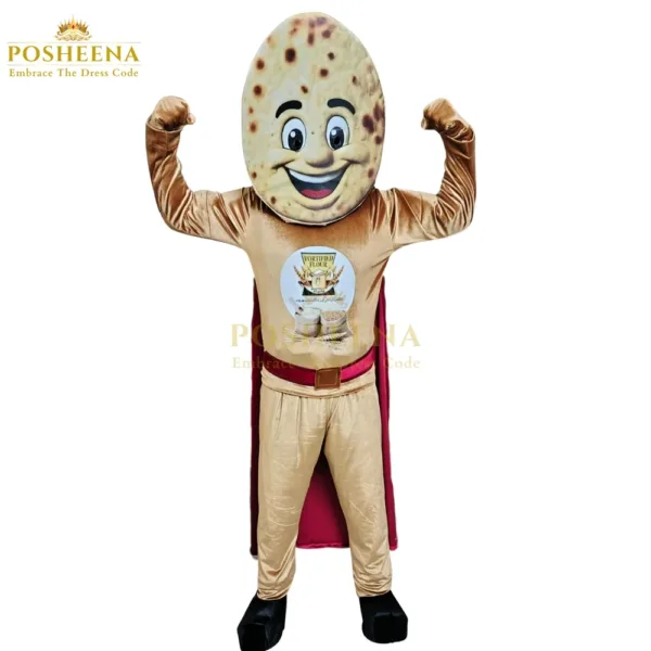 Bread Costume Mascot in Pakistan – custom-made NGO project by Posheena, AI image-based bread character costume with cape