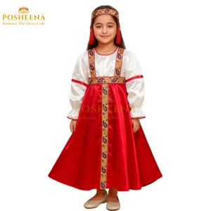 Russian Cultural Dress for Kids with satin red skirt and embroidered border, traditional heritage outfit from Posheena costume shop online Pakistan
