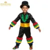 Vibrant Brazil costume for Boy featuring a black suit with red, yellow, blue, and green ruffles, a yellow sash, and a pom-pom top hat, available at Posheena.