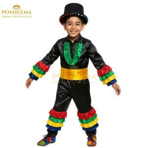 Vibrant Brazil costume for Boy featuring a black suit with red, yellow, blue, and green ruffles, a yellow sash, and a pom-pom top hat, available at Posheena.