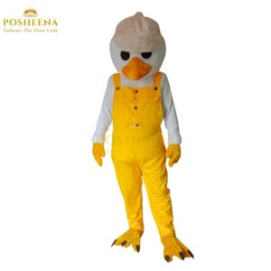 Yellow Chicken Mascot Costume with overalls – custom poultry mascot outfit for farm promotions, school events and corporate branding by Posheena Pakistan