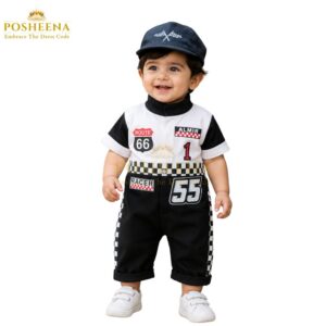 Black & White Racing Suit For Kids with personalized name and racing number, custom racing driver costume, kids costumes online, customized costume for kids in Pakistan